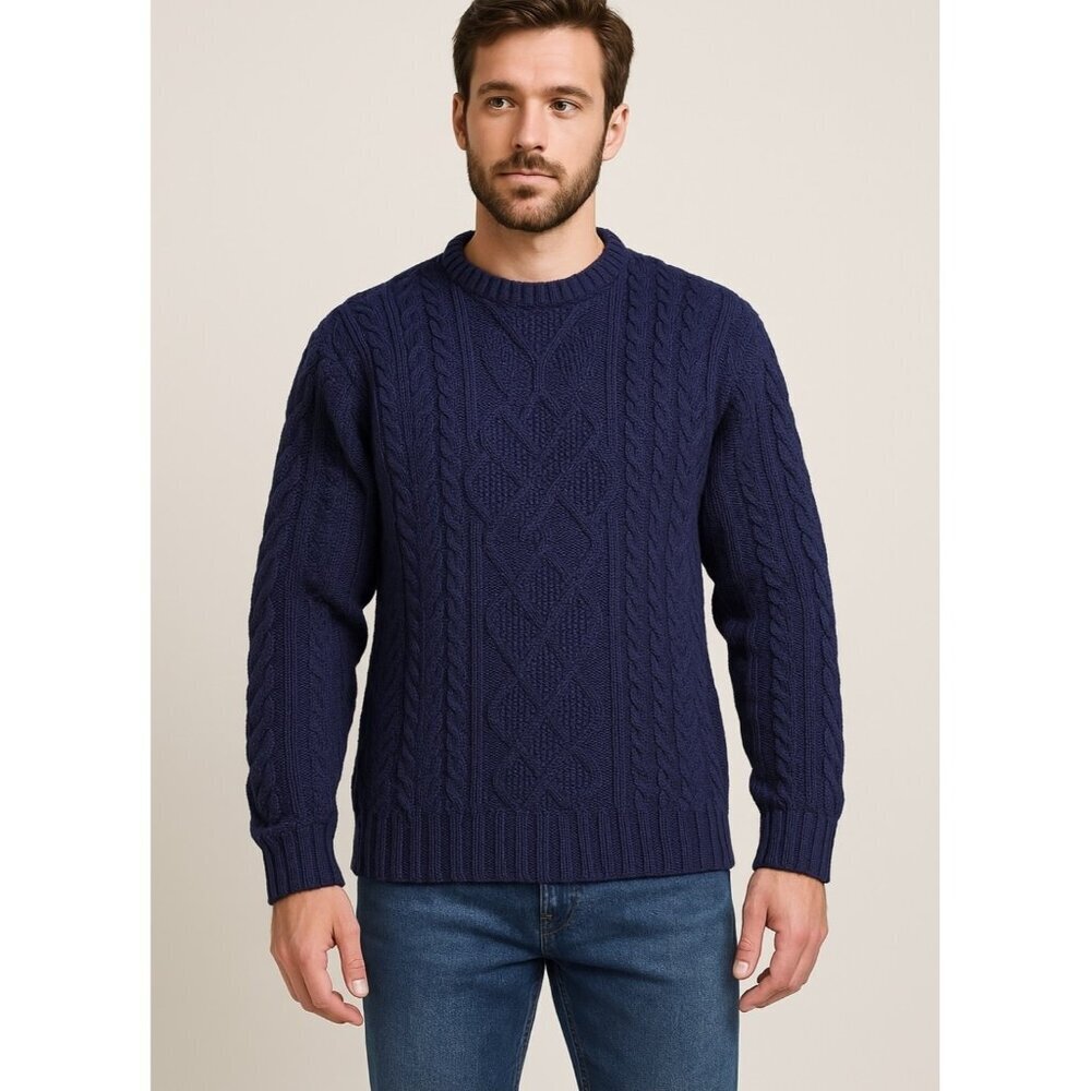 ARAN CRAFTS men Navy 100% Irish Merino Wool Sweater Cable Knit XL